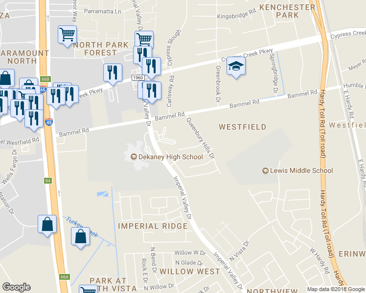 map of restaurants, bars, coffee shops, grocery stores, and more near 934 Redcrest Springs Court in Houston