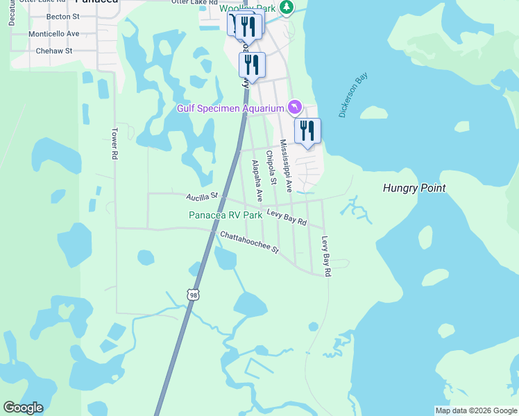 map of restaurants, bars, coffee shops, grocery stores, and more near 31 Levy Bay Road in Panacea