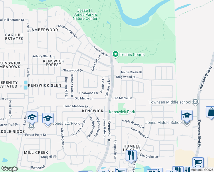 map of restaurants, bars, coffee shops, grocery stores, and more near 20411 Lionsgate Lane in Humble