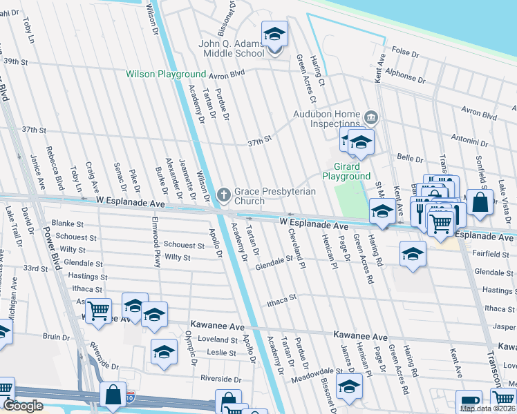 map of restaurants, bars, coffee shops, grocery stores, and more near 6001 West Esplanade Avenue in Metairie
