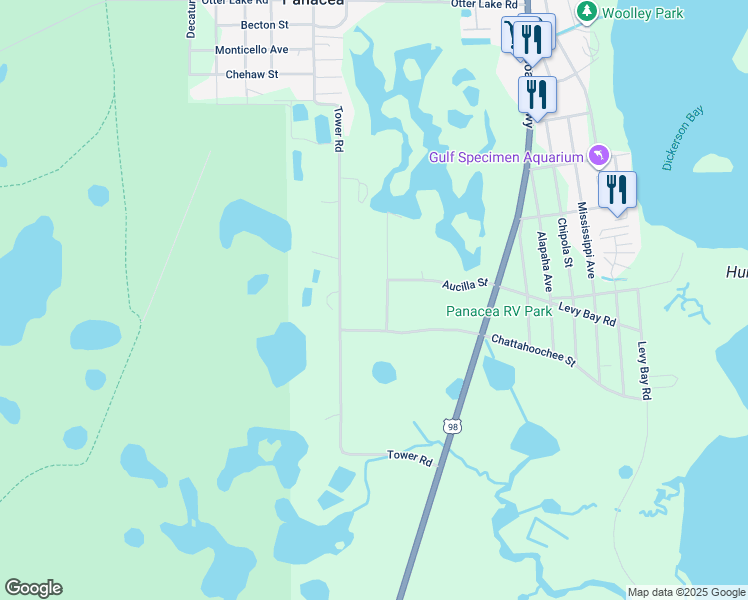 map of restaurants, bars, coffee shops, grocery stores, and more near 70 Harrison Street in Panacea