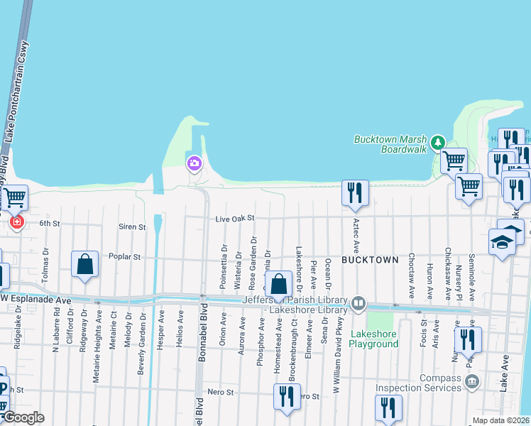 map of restaurants, bars, coffee shops, grocery stores, and more near 1453 Gardenia Drive in Metairie
