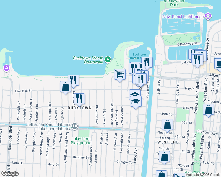 map of restaurants, bars, coffee shops, grocery stores, and more near 504 Live Oak Street in Metairie