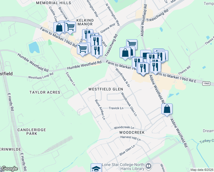 map of restaurants, bars, coffee shops, grocery stores, and more near 2810 Copra Lane in Houston