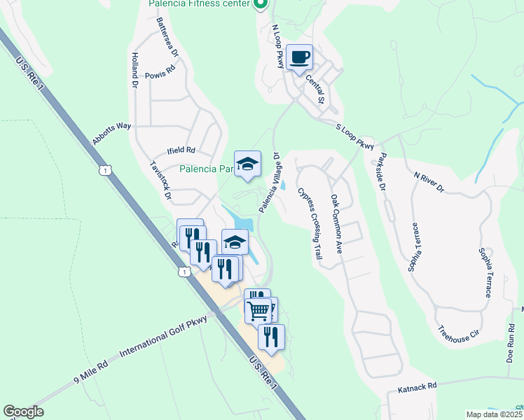 map of restaurants, bars, coffee shops, grocery stores, and more near Palencia Village Drive in Saint Augustine