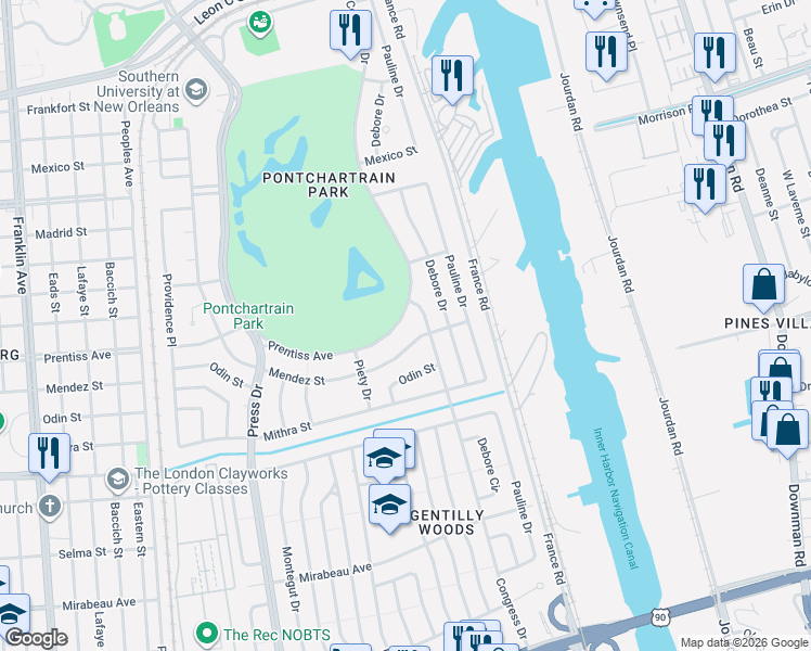 map of restaurants, bars, coffee shops, grocery stores, and more near 4844 Mendez Street in New Orleans