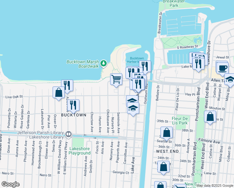 map of restaurants, bars, coffee shops, grocery stores, and more near 1450 Seminole Avenue in Metairie