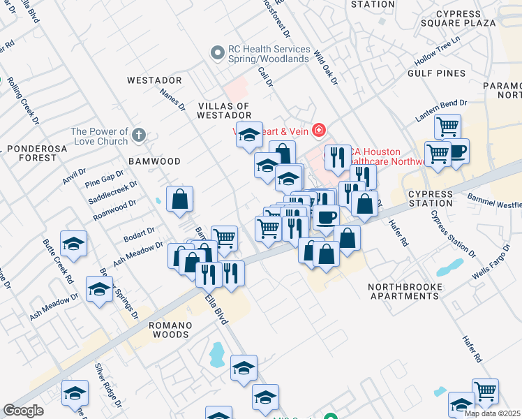 map of restaurants, bars, coffee shops, grocery stores, and more near 1003 Tuliptree Lane in Houston