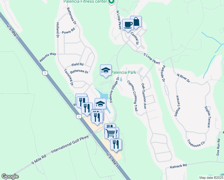 map of restaurants, bars, coffee shops, grocery stores, and more near Palencia Village Drive in Saint Augustine