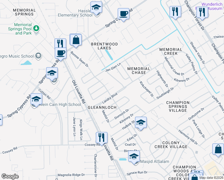 map of restaurants, bars, coffee shops, grocery stores, and more near 9530 Landry Boulevard in Spring