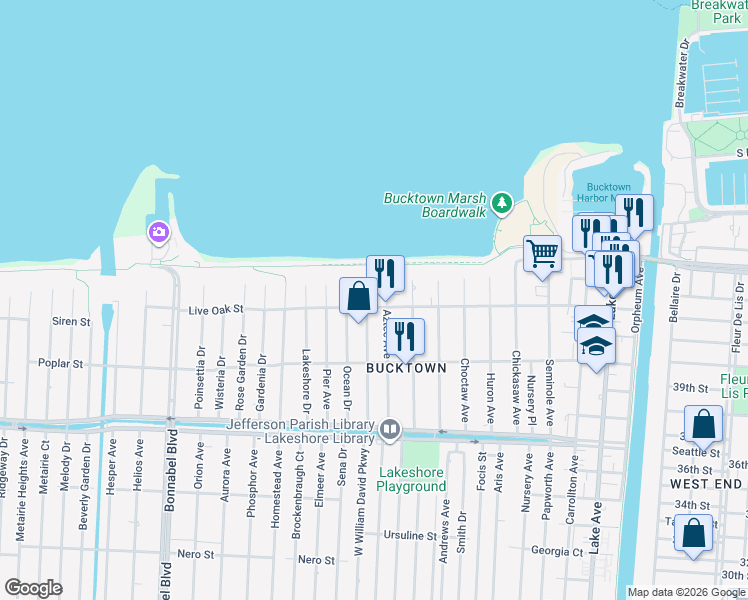 map of restaurants, bars, coffee shops, grocery stores, and more near 1455 Sylvia Avenue in Metairie