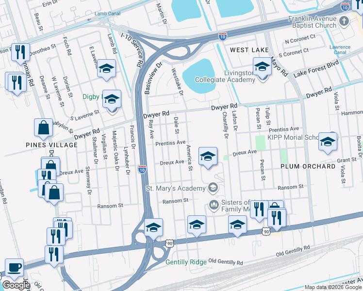 map of restaurants, bars, coffee shops, grocery stores, and more near 4634 Dale Street in New Orleans