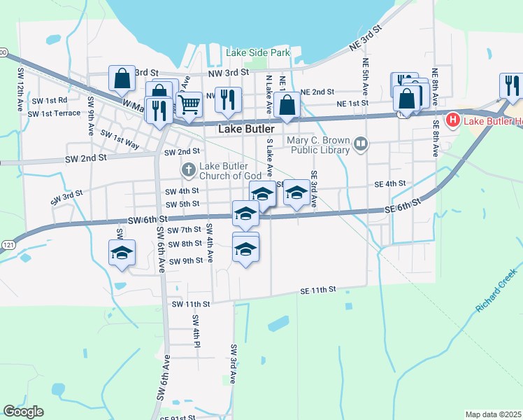 map of restaurants, bars, coffee shops, grocery stores, and more near 55 Southwest 6th Street in Lake Butler