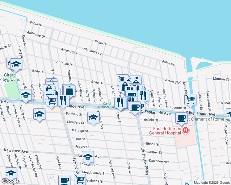 map of restaurants, bars, coffee shops, grocery stores, and more near 4516 Tabony Street in Metairie