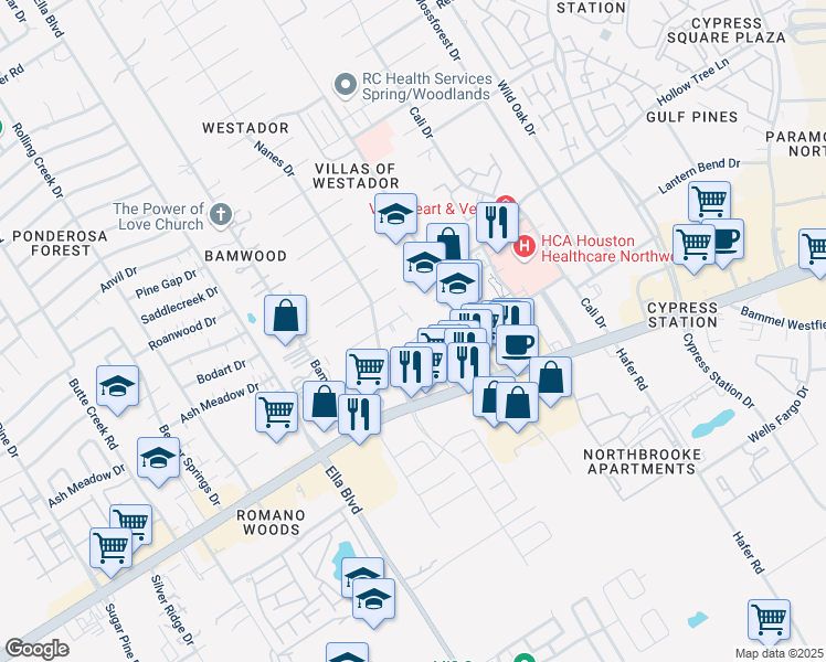 map of restaurants, bars, coffee shops, grocery stores, and more near 1003 Tuliptree Lane in Houston