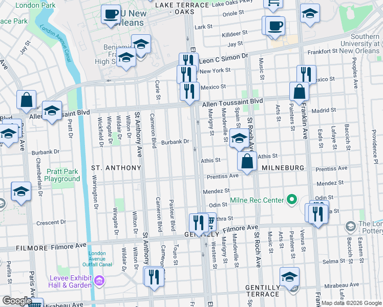 map of restaurants, bars, coffee shops, grocery stores, and more near 5759 Vermillion Boulevard in New Orleans