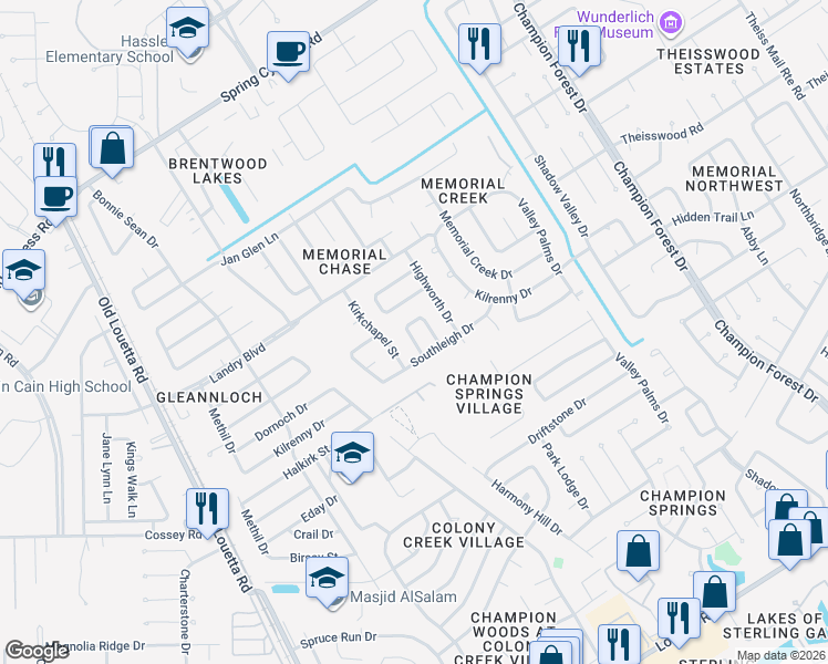 map of restaurants, bars, coffee shops, grocery stores, and more near 17015 Fenny Bridge Lane in Spring