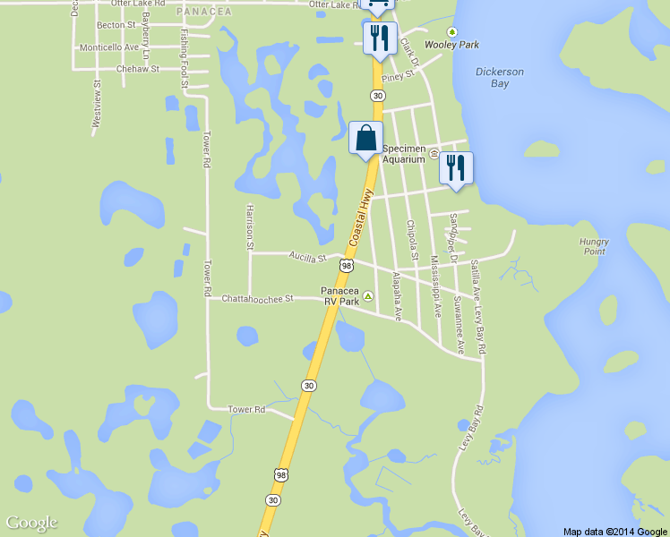 map of restaurants, bars, coffee shops, grocery stores, and more near 1100 Coastal Highway in Panacea