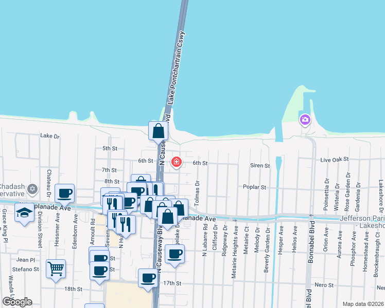 map of restaurants, bars, coffee shops, grocery stores, and more near 4001 Tolmas Drive in Metairie