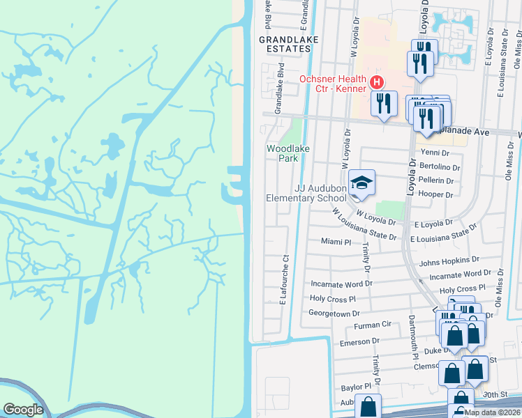 map of restaurants, bars, coffee shops, grocery stores, and more near 3303 Grandlake Boulevard in Kenner