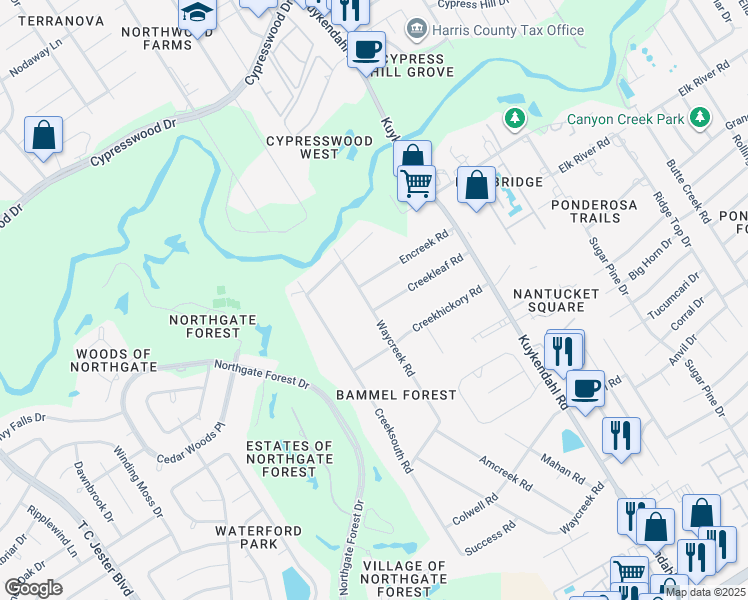 map of restaurants, bars, coffee shops, grocery stores, and more near 16903 Waycreek Road in Houston