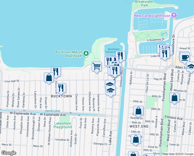 map of restaurants, bars, coffee shops, grocery stores, and more near 1450 Seminole Avenue in Metairie