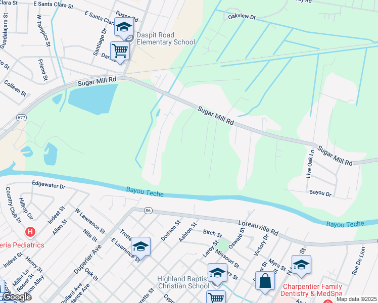 map of restaurants, bars, coffee shops, grocery stores, and more near 2114 Sugar Mill Road in New Iberia