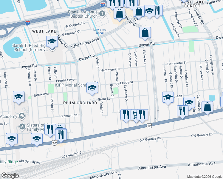 map of restaurants, bars, coffee shops, grocery stores, and more near 4621 Bonita Drive in New Orleans