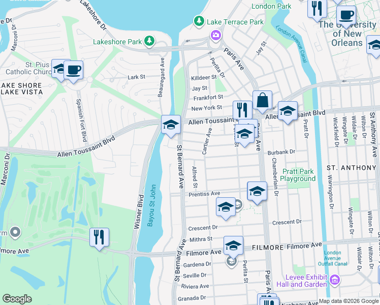 map of restaurants, bars, coffee shops, grocery stores, and more near 1341 Burbank Drive in New Orleans