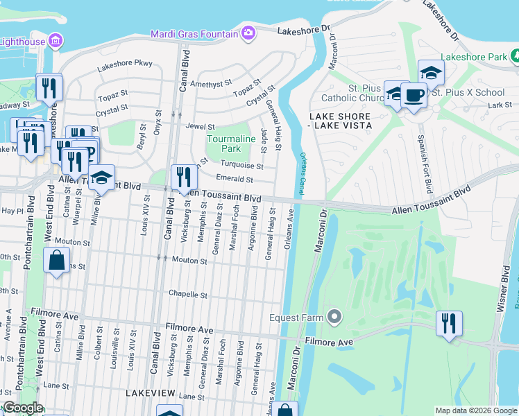 map of restaurants, bars, coffee shops, grocery stores, and more near 7038 General Haig Street in New Orleans