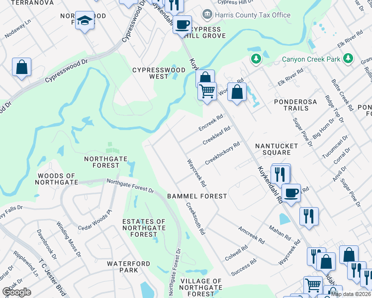 map of restaurants, bars, coffee shops, grocery stores, and more near 16903 Waycreek Road in Houston