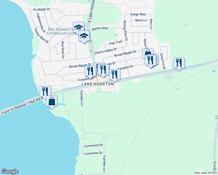 map of restaurants, bars, coffee shops, grocery stores, and more near East Lake Houston Parkway in Huffman