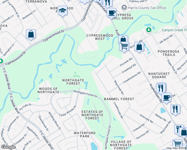 map of restaurants, bars, coffee shops, grocery stores, and more near 16919 Creeksouth Road in Houston