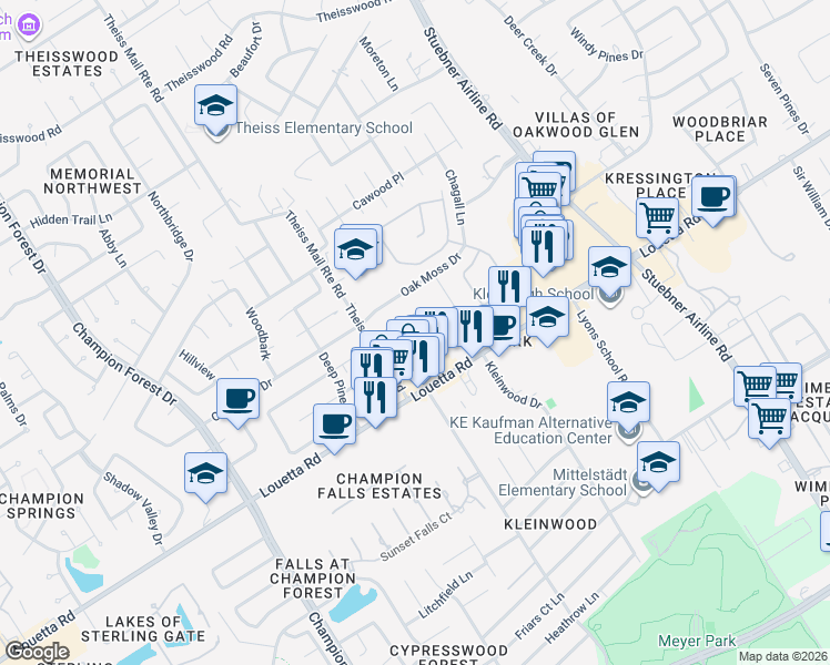map of restaurants, bars, coffee shops, grocery stores, and more near 16906 Castleton Farms Road in Spring