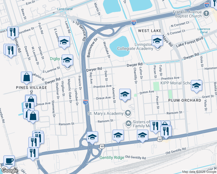 map of restaurants, bars, coffee shops, grocery stores, and more near 4634 Dale Street in New Orleans