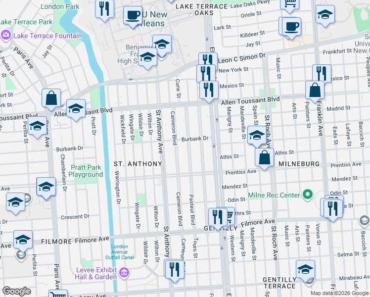 map of restaurants, bars, coffee shops, grocery stores, and more near 5741 Pasteur Boulevard in New Orleans