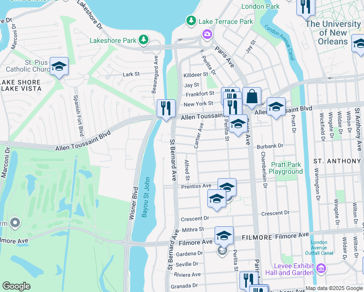 map of restaurants, bars, coffee shops, grocery stores, and more near 1341 Burbank Drive in New Orleans