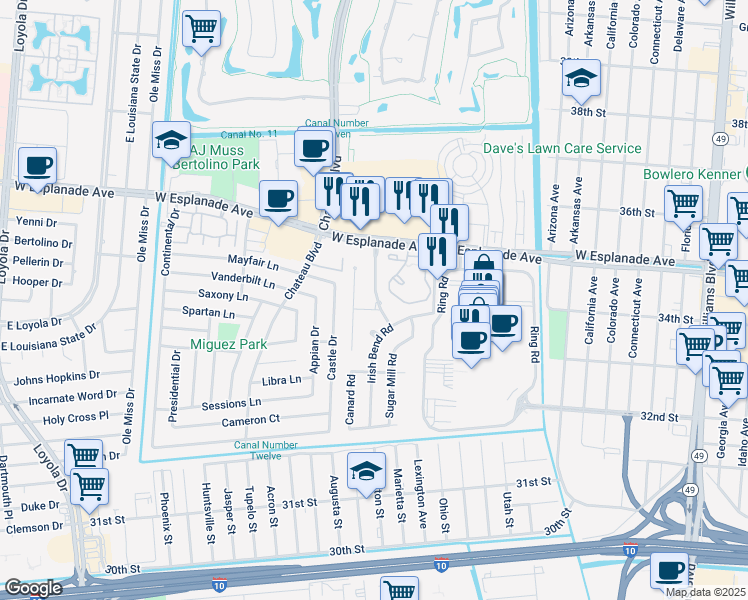 map of restaurants, bars, coffee shops, grocery stores, and more near 3328 Antoine Wattigny Boulevard in Kenner