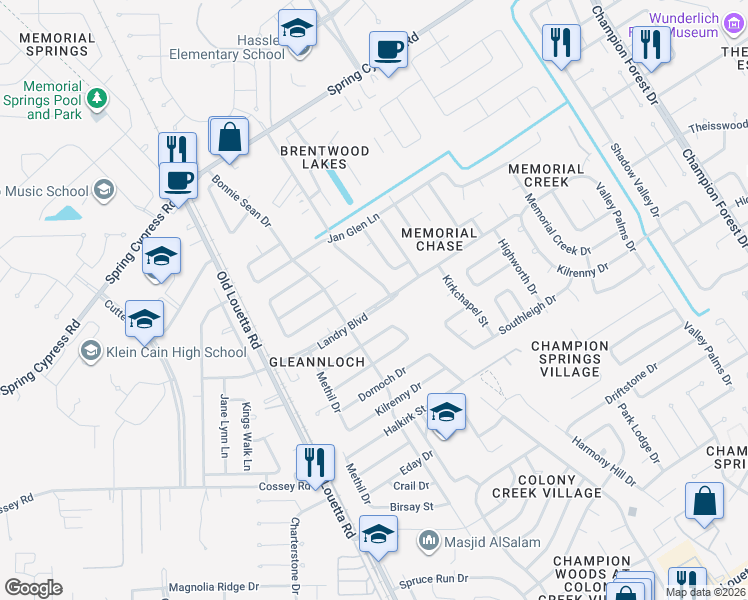 map of restaurants, bars, coffee shops, grocery stores, and more near 9503 Landry Boulevard in Spring