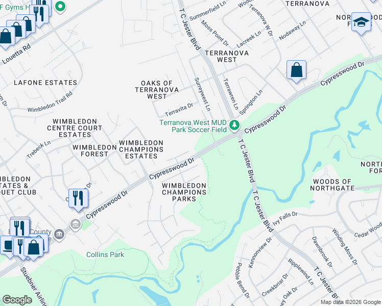 map of restaurants, bars, coffee shops, grocery stores, and more near 6214 Sampras Ace Court in Spring