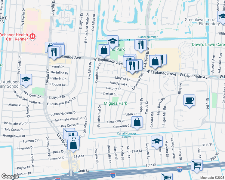 map of restaurants, bars, coffee shops, grocery stores, and more near 645 Commander Lane in Kenner