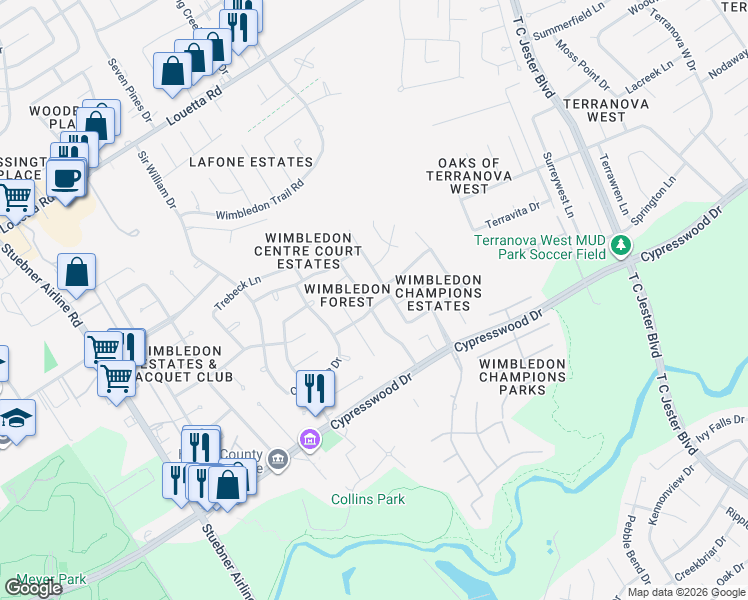 map of restaurants, bars, coffee shops, grocery stores, and more near 16202 Lafone Drive in Spring