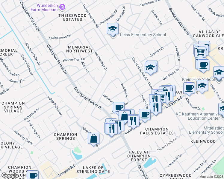 map of restaurants, bars, coffee shops, grocery stores, and more near 8122 Winding Oak Lane in Spring