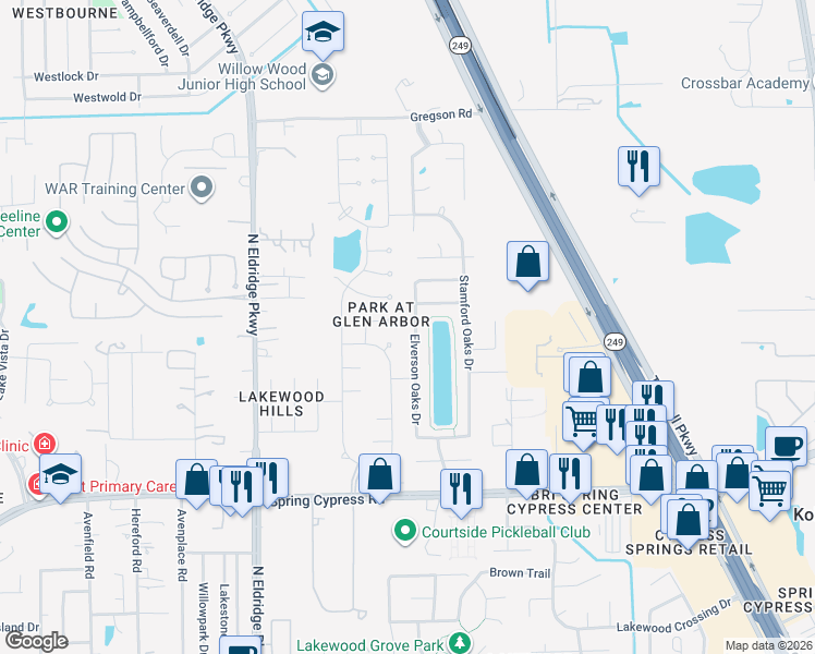 map of restaurants, bars, coffee shops, grocery stores, and more near 11703 Park Cedar Court in Tomball