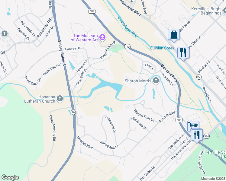 map of restaurants, bars, coffee shops, grocery stores, and more near 387 Englewood Drive in Kerrville