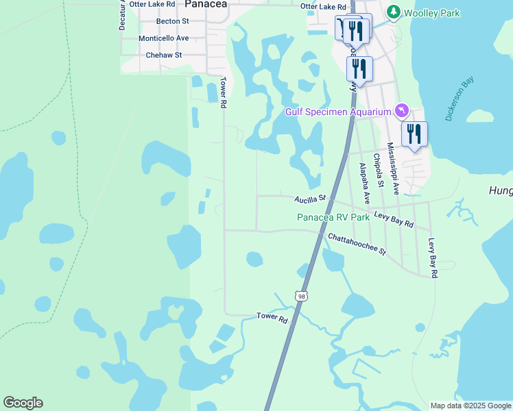 map of restaurants, bars, coffee shops, grocery stores, and more near 70 Harrison Street in Panacea