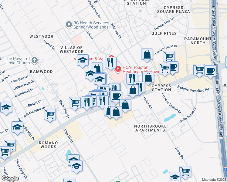 map of restaurants, bars, coffee shops, grocery stores, and more near 850 Cypress Creek Parkway in Houston