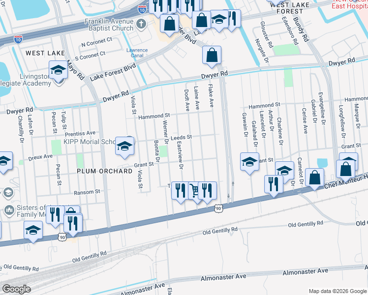 map of restaurants, bars, coffee shops, grocery stores, and more near 4610 Eastview Drive in New Orleans