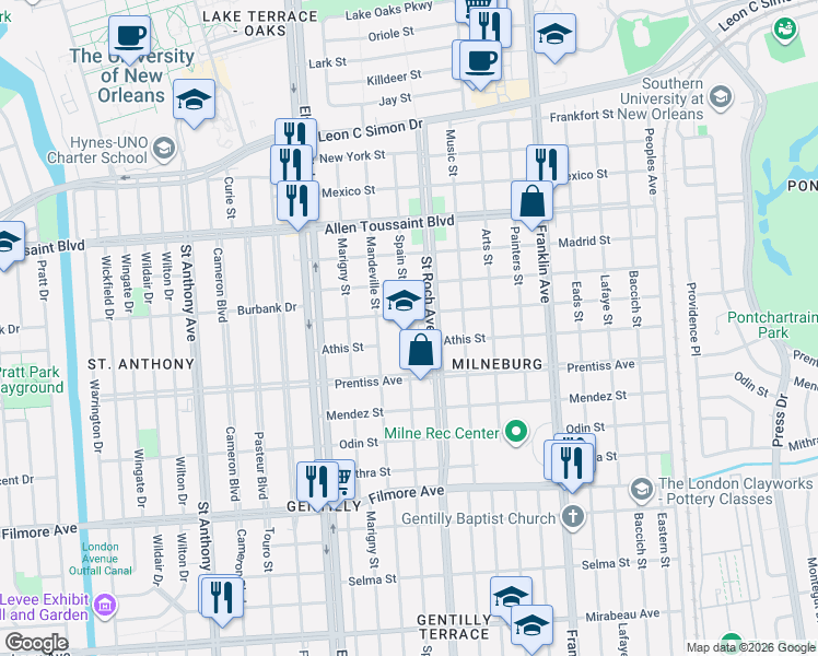 map of restaurants, bars, coffee shops, grocery stores, and more near 5800 Saint Roch Avenue in New Orleans