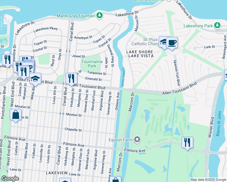 map of restaurants, bars, coffee shops, grocery stores, and more near 7040 Orleans Avenue in New Orleans